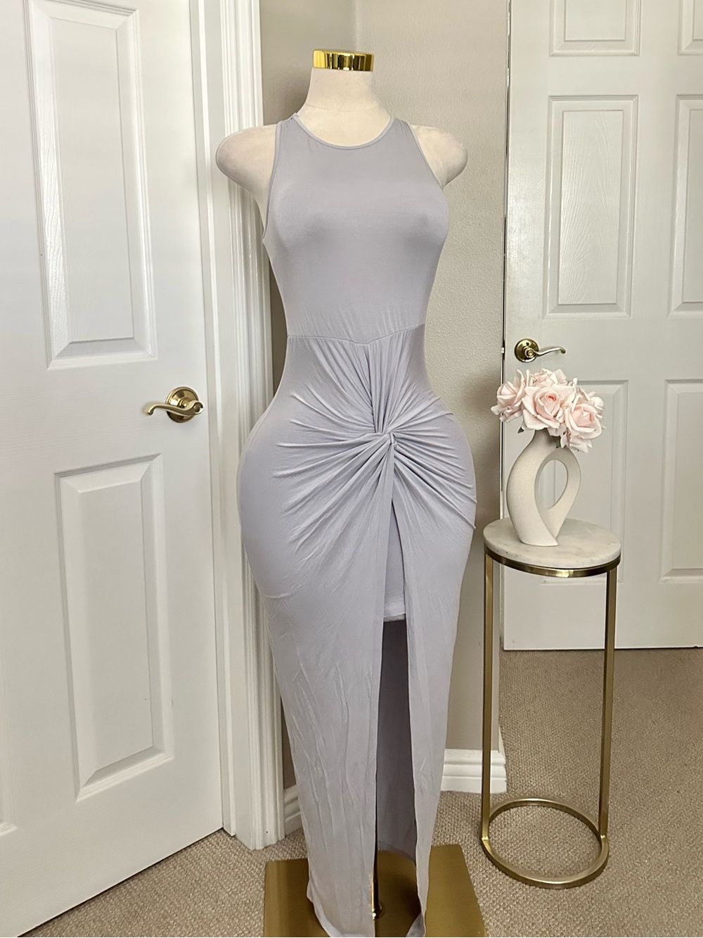 Bear Dance Light Gray Lilac Sleeveless Twist-Front Maxi Dress w/ Front Slit Sz S